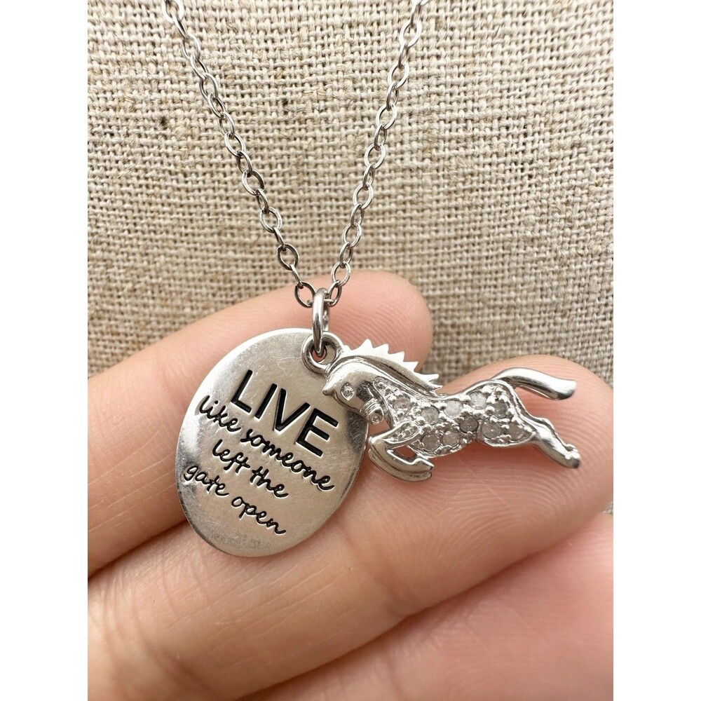 925 Sterling Silver Genuine Diamond Horse Charm Quote Necklace 20”